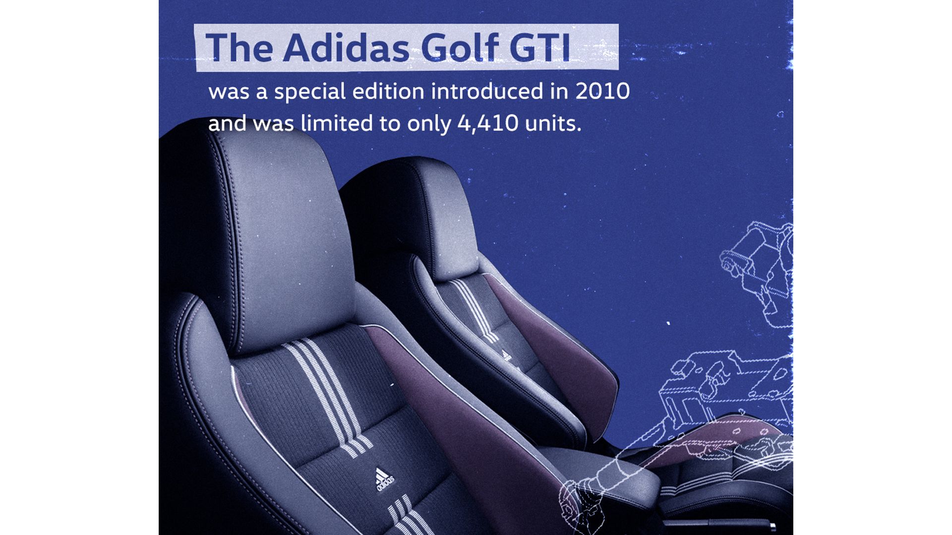Image of interior seats from an Adidas Golf GTI car against a blue background. 