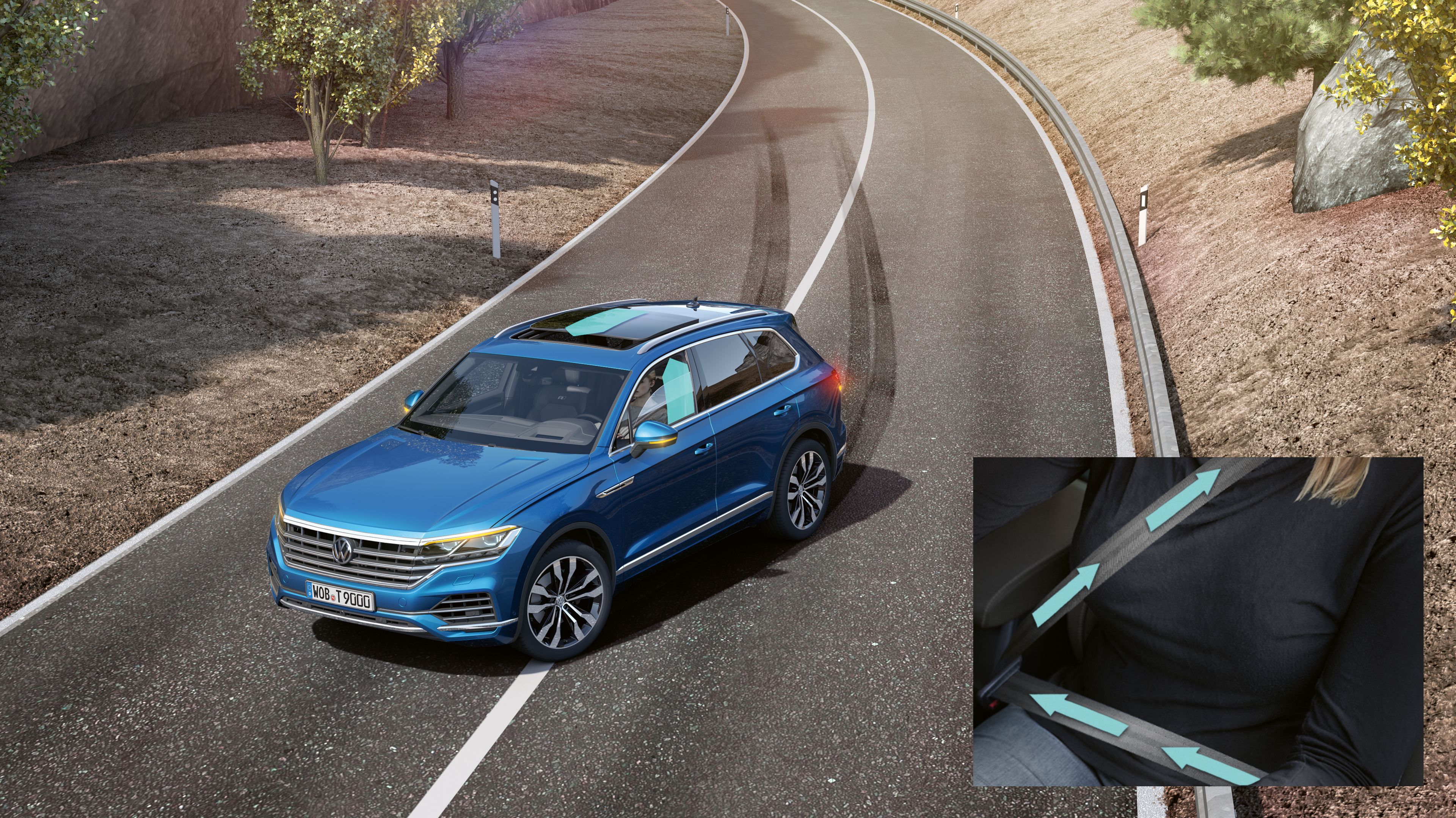 Blue Volkswagen Touareg R-Line driving on a curving road with an inset showing a seatbelt sign illuminated on a car dashboard.
