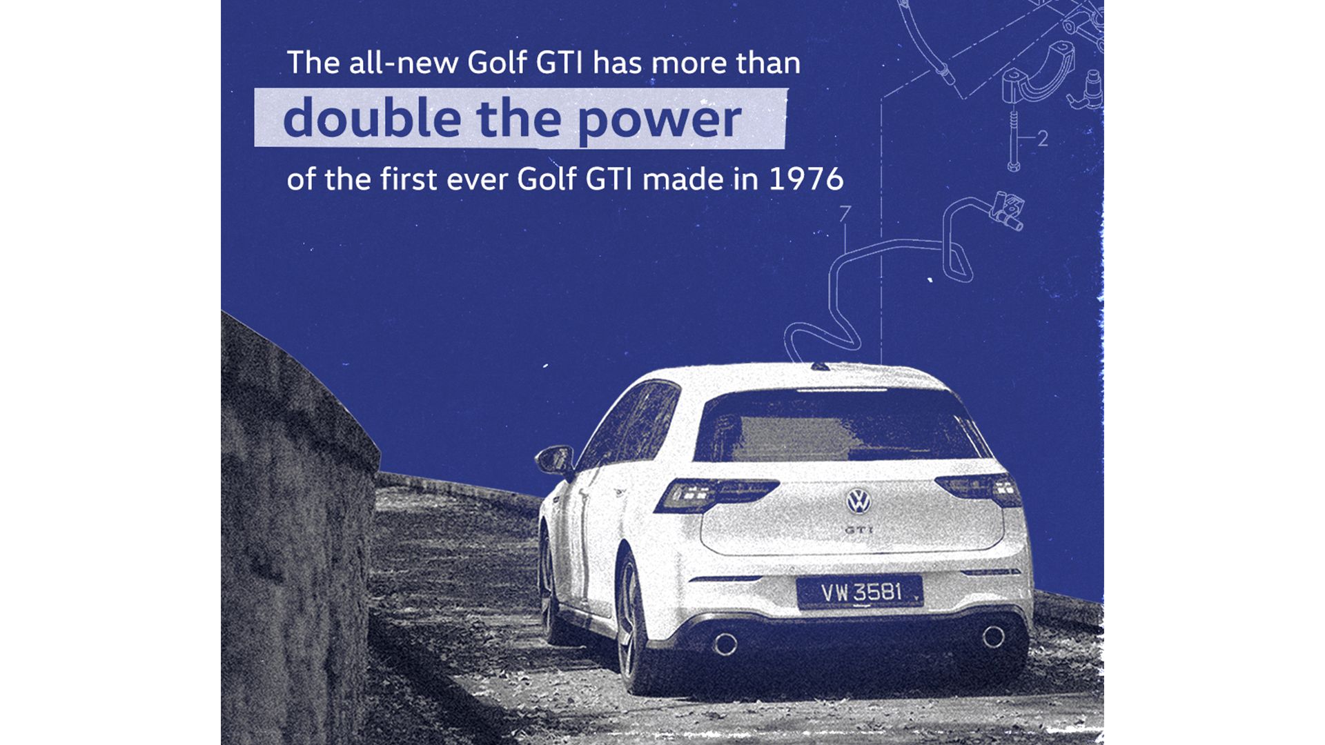 A white Volkswagen Golf GTI is parked on a road. 